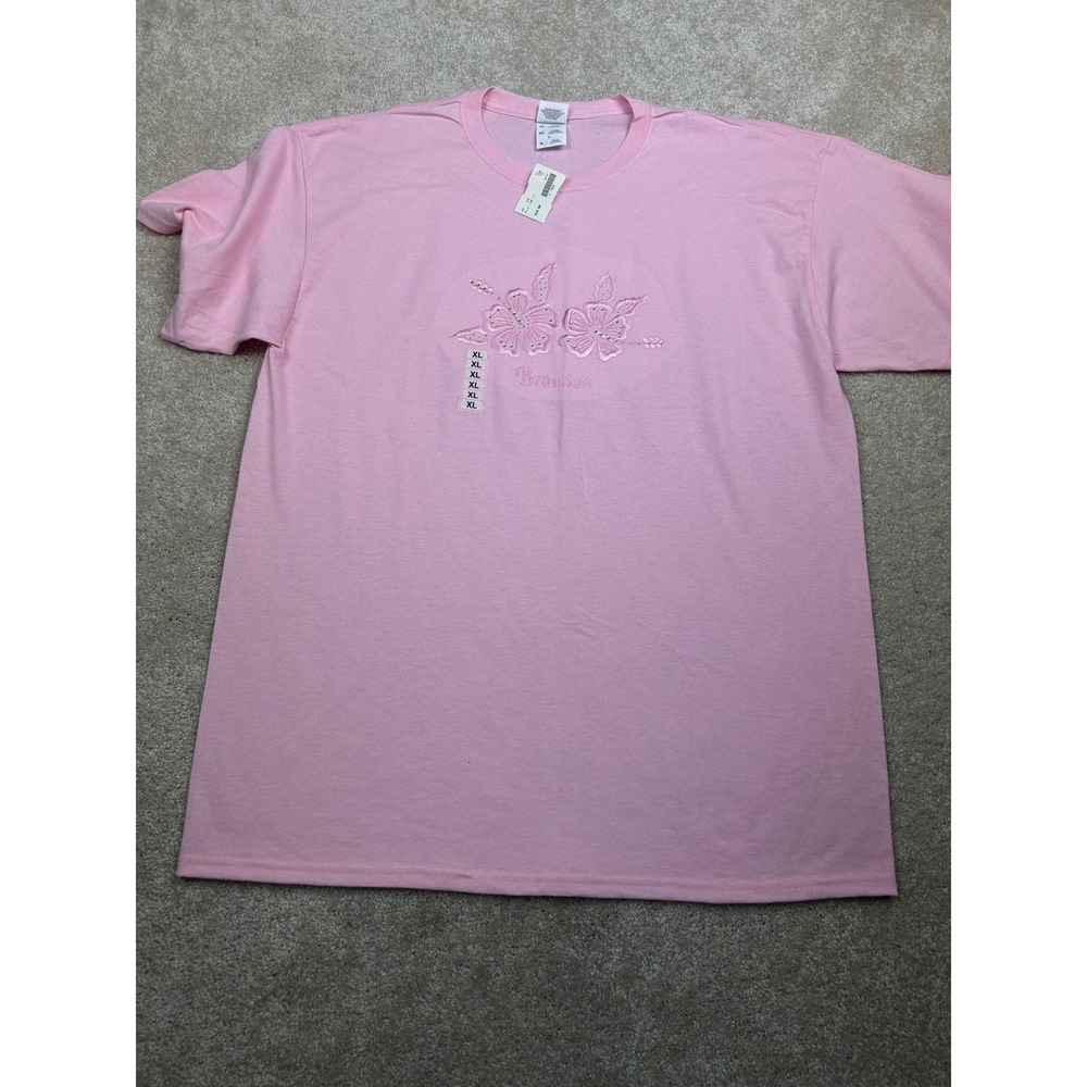 Jerzees Hibiscus Embroidered T-Shirt XL Pink Branson Rhinestone Coquette